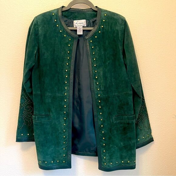Vintage Jackets & Blazers - Linea Louis DellOlio Leather Studded Jacket Emerald Green Vintage Blazer Coat